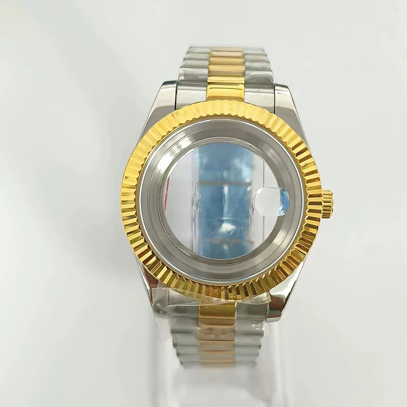 41mm Silver-Gold Classic Style Watch Case+Strap 28.5mm Dial Waterproof Fit 8285