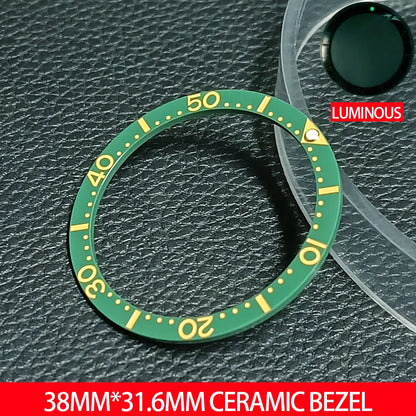 Flat ceramic bezel insert 38mm with luminous markers for precise watch accessory replacement.