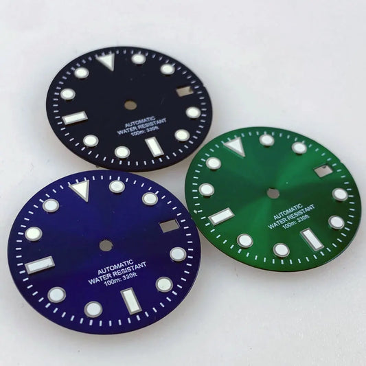Sterile SUB 29mm sunburst green/blue watch dial with luminous markers for NH35 diver watches.