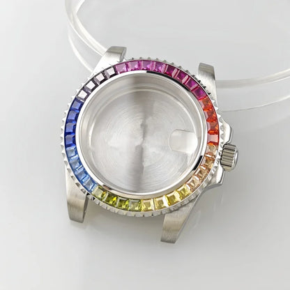 40.5mm Watch Case Strap Set SUB Diamond Studded Rainbow Bezel  for NH35 Movement