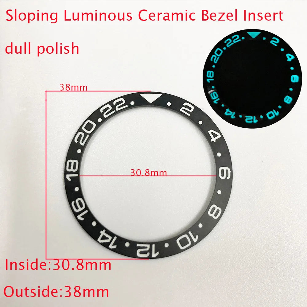 Sloping ceramic bezel insert 38x30.8mm for divers watches, super luminous, durable replacement part.