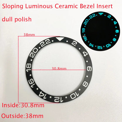Sloping ceramic bezel insert 38x30.8mm for divers watches, super luminous, durable replacement part.