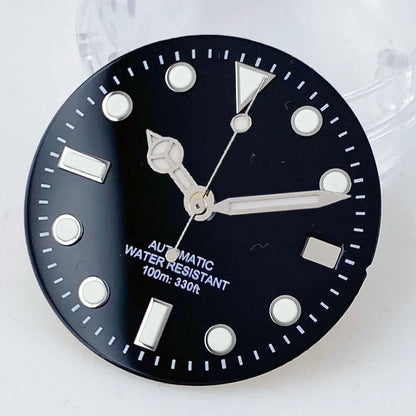 Sterile SUB 29mm sunburst green/blue watch dial with luminous markers for NH35 diver watches.