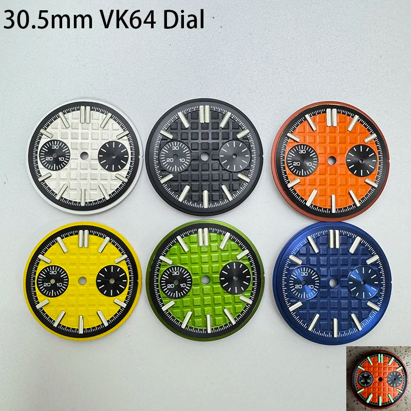 30.5mm No Logo Watch Dial 2eyes Grid Dual Scale Green Luminous for VK64 Movement