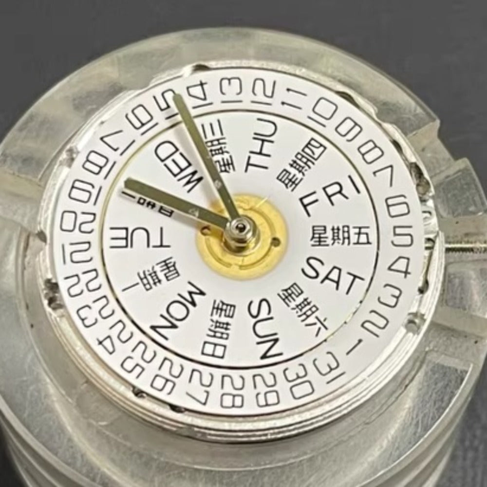 Asian 7750 automatic chronograph movement with day-date display at 3 o'clock, precise ETA 7750 configuration.