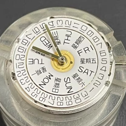 Asian 7750 automatic chronograph movement with day-date display at 3 o'clock, precise ETA 7750 configuration.