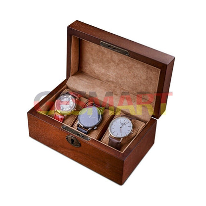 Black wooden watch box organizer, featuring 3 slots to neatly store and display watches.