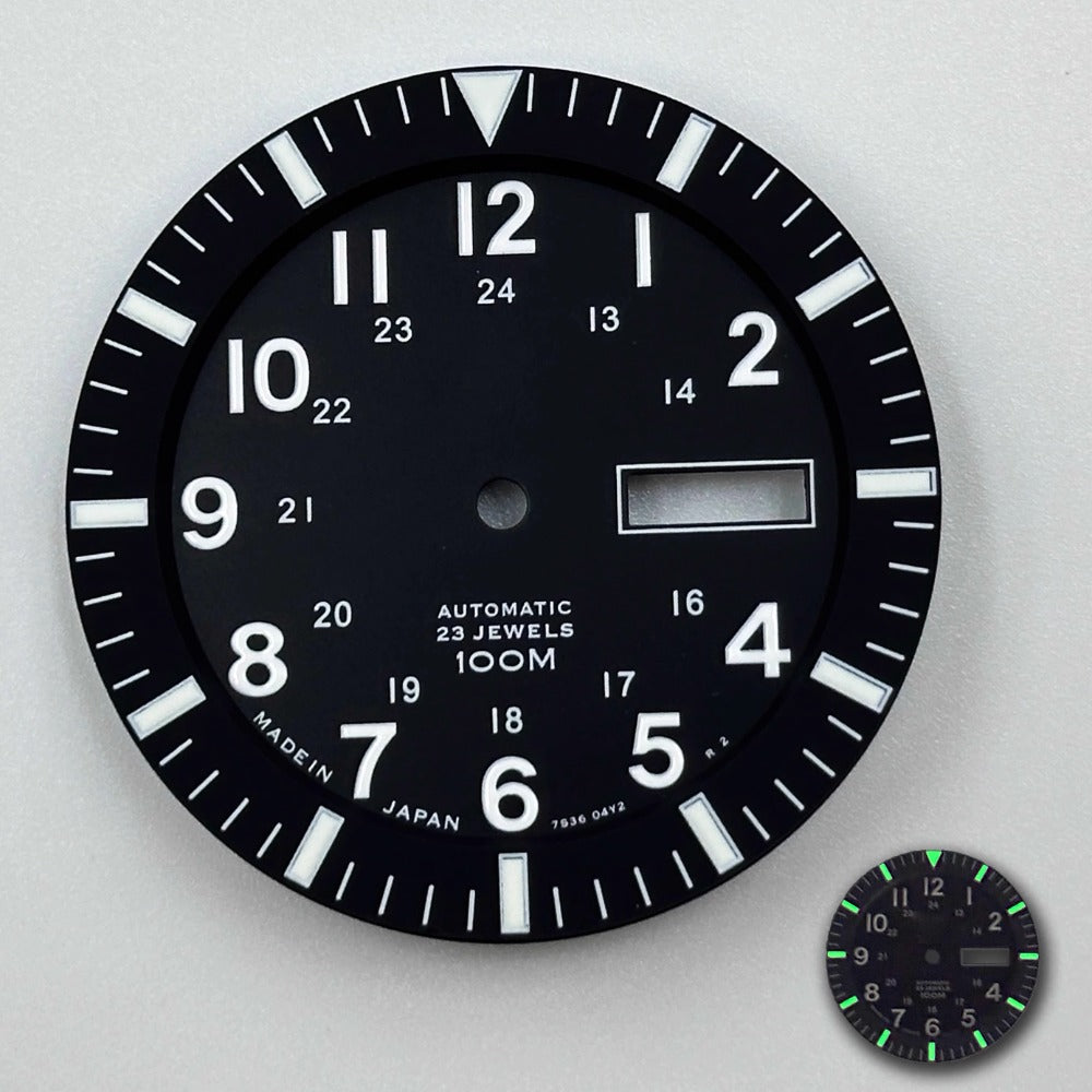 Vintage 34.4mm black watch dial with green luminous markers, compatible with NH35 NH36 movement, for precise timekeeping.
