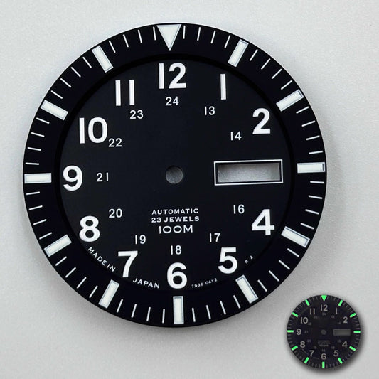 34.4mm Vintage Black Modified Green Luminous Watch Dial for NH35 NH36 Movement