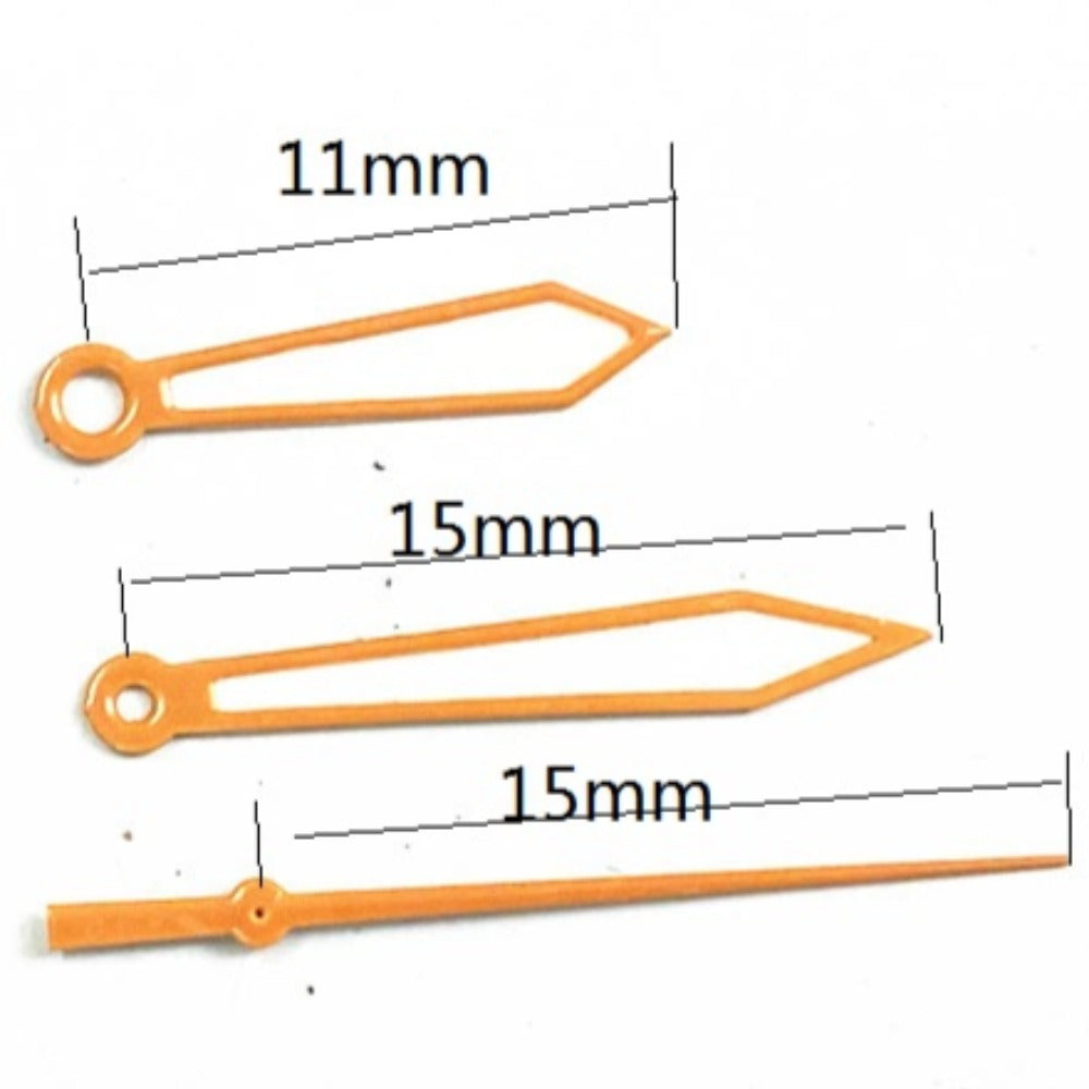 Orange arrow-shaped 15mm watch hands with trim, compatible with Miyota 2035 quartz movement.