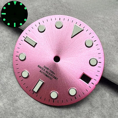 28.5mm Pink Watch Dial Date Window Green Luminous Fit NH35 /NH36/4R/7S Movement