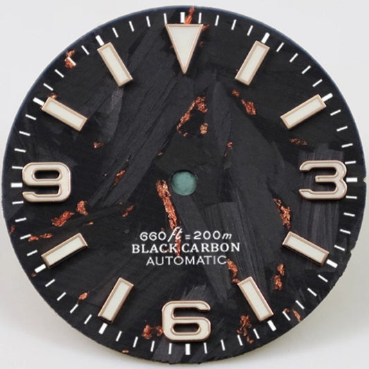 Rose gold and black 28.5mm Explorer-style carbon fiber watch dial for NH34 NH35 movements.