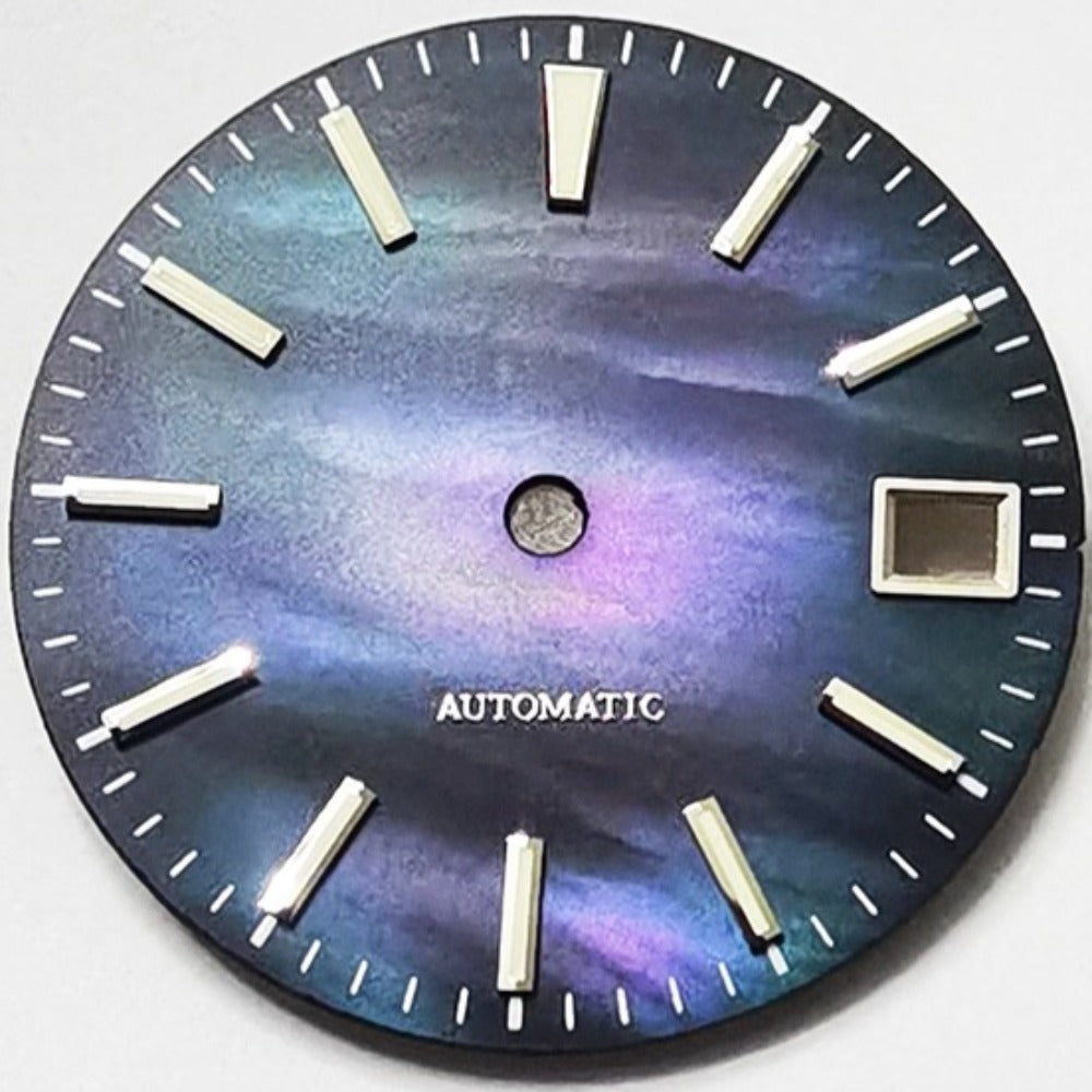 Purple Universe 28.5mm MOP seashell watch dial with green lume, designed for NH35/NH36 movements, ideal for diving watches.