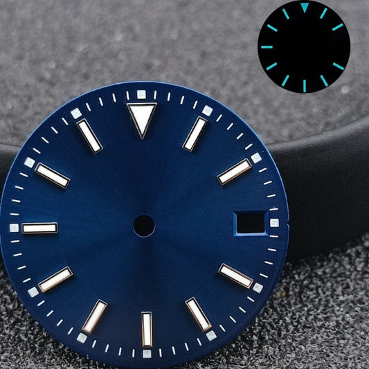 Blue luminous 28.5mm watch dial with calendar, silver metal markers for NH35 movement