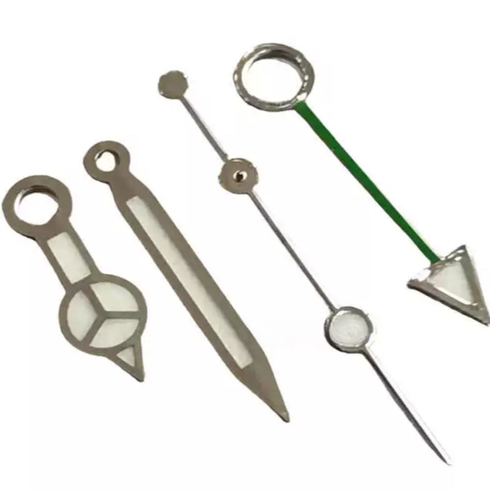 Green and silver trim BGW9 luminous watch hands set, compatible with NH34 GMT movement, 4 pieces.