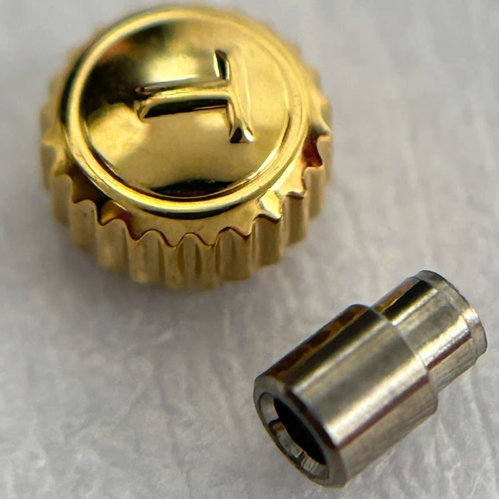 Steel golden watch crown for Tissot T101, durable replacement part for precise watch repair.