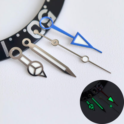 Green lume blue GMT watch hand with silver trim for NH34 movement, perfect for precise timekeeping.