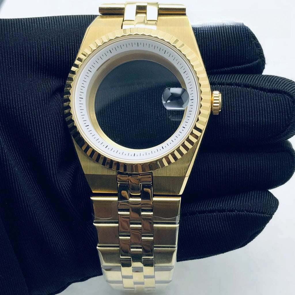 Gold 40mm Land-Dwellwe 904L Watch Case+Strap Sapphire Glass For NH34 NH35 NH36