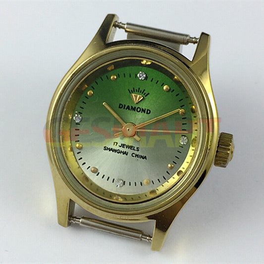25mm SHANGHAI DIAMOND oval lady watch with green dial, manual mechanical movement, and 17 jewels.