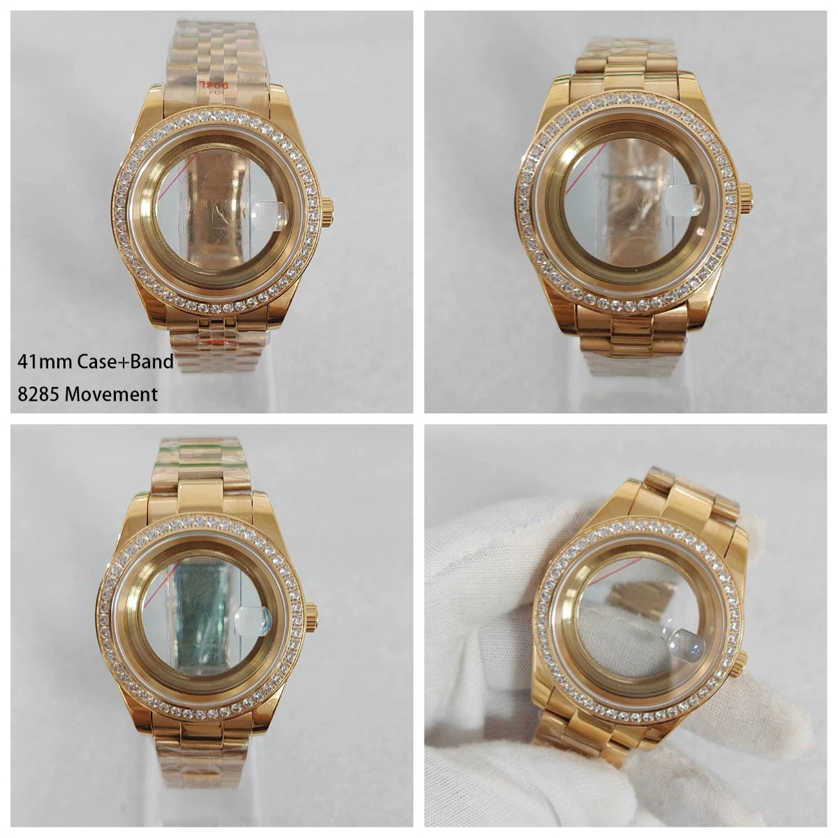 41mm Gold Diamond Inlaid 316L Steel Watch Case+Strap 28.5mm Dial Fit 8285