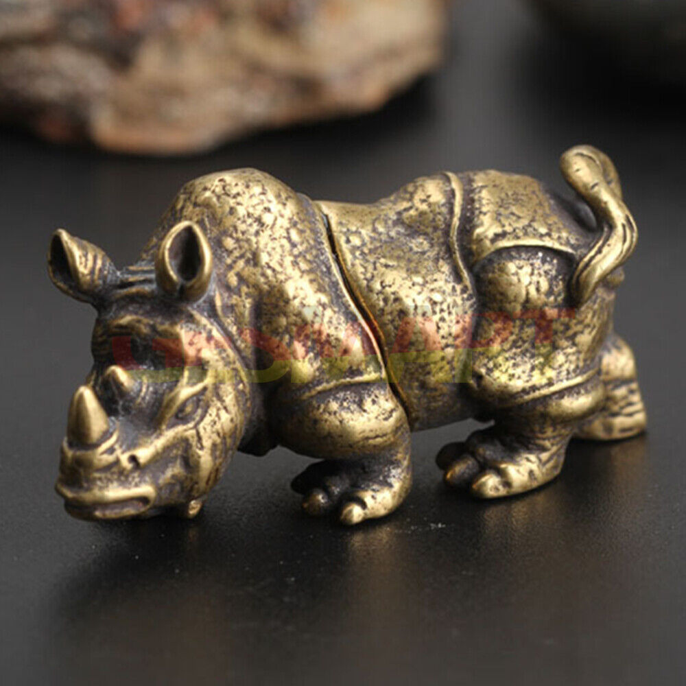 Solid copper rhinoceros trinket, vintage hand-carved bronze model with detailed craftsmanship.