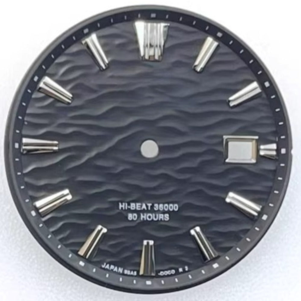 Black waved GS Modified 33.5mm watch dial with textured design for NH35 movement, perfect for custom watch builds.