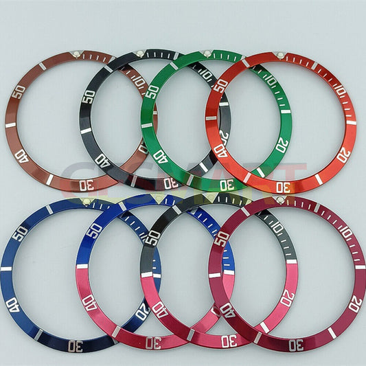 Vintage aluminum alloy watch bezel with luminous green slope, colorful design for vibrant watch accessories.