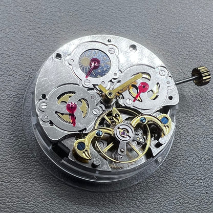 China multifunctional automatic watch with mechanical movement, moon phase at 12 o?clock, and visible flywheel detail