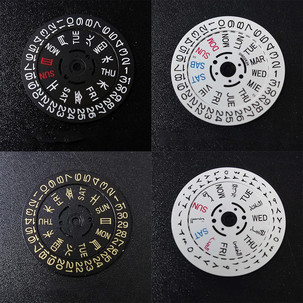 NH36 watch movement with hand-held calendar date disc wheel and day match features.