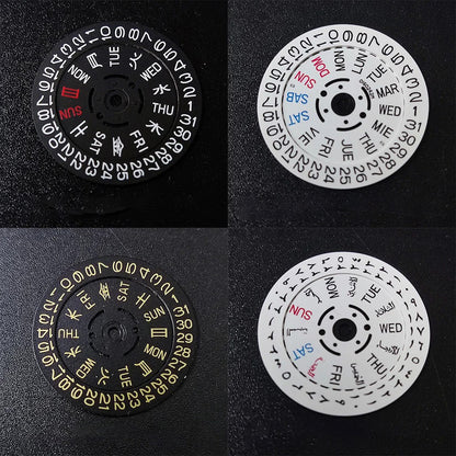 NH36 watch movement with hand-held calendar date disc wheel and day match features.