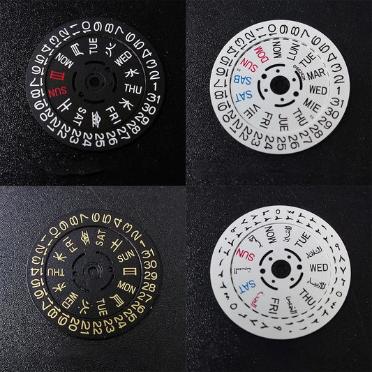 NH36 watch movement with hand-held calendar date disc wheel and day match features.