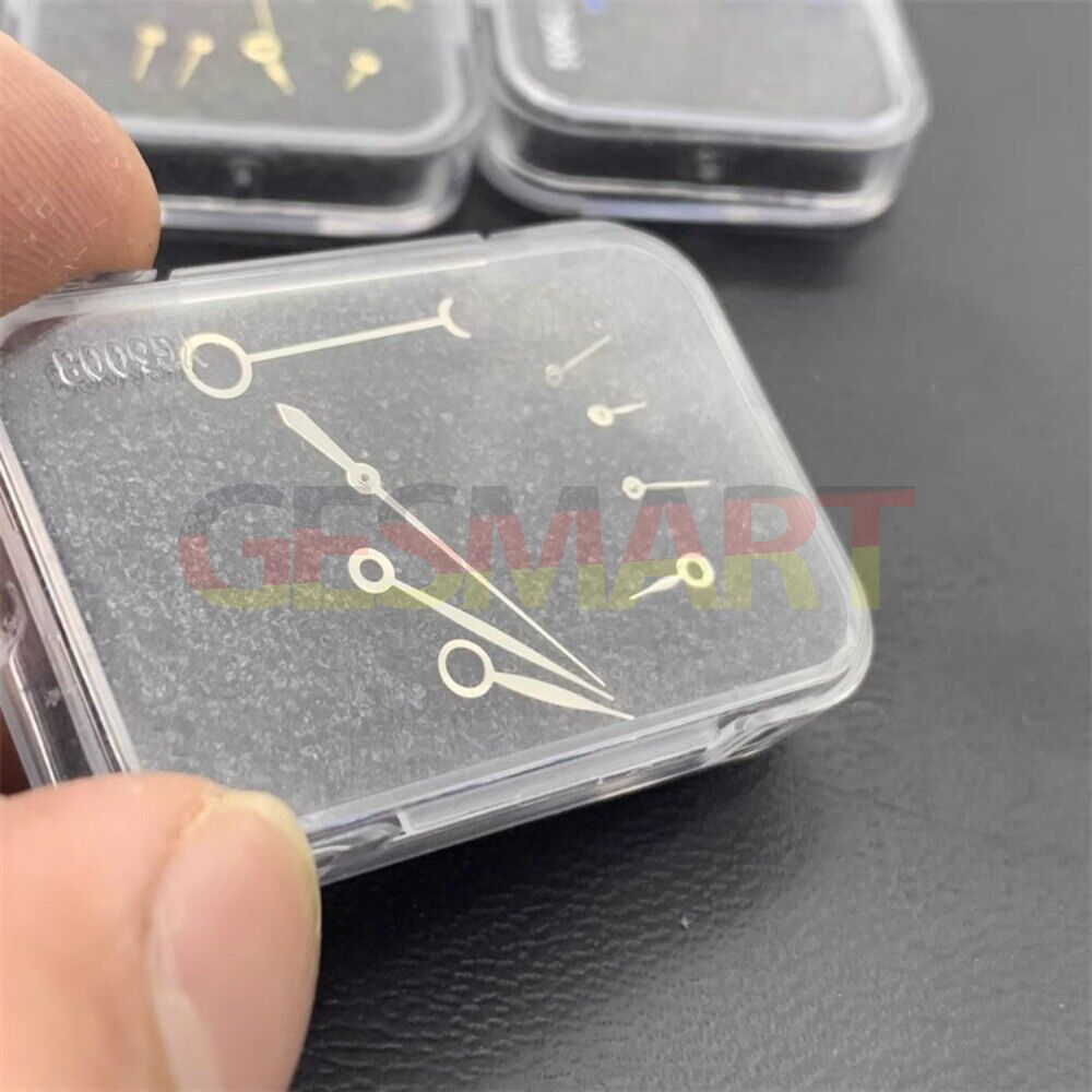 Set of blue, silver, and gold watch hands for ETA7751 movement, precise repair parts.