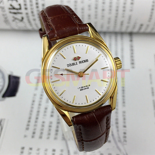 Beijing Double Rhomb mechanical watch with golden nail markers and polished gold case by Beijing brand