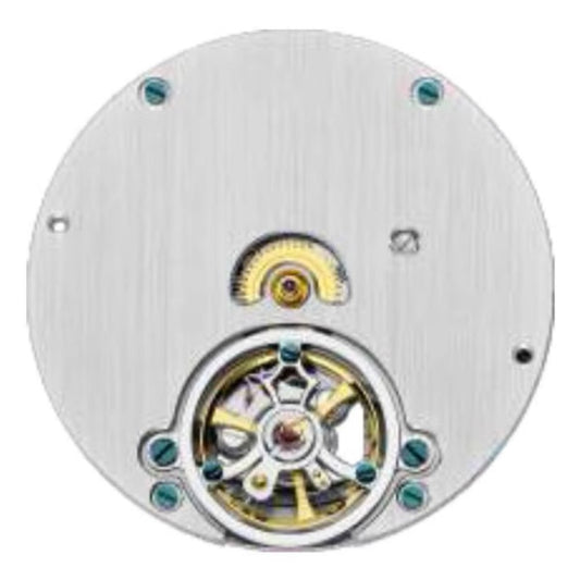 Silver automatic watch with bare balance at 6 o'clock, 3 hands, China Made 2800 mechanical movement.