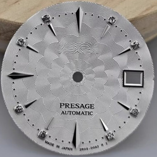 29mm white floral watch dial for NH35 NH36 automatic, featuring elegant pattern and branded logo.