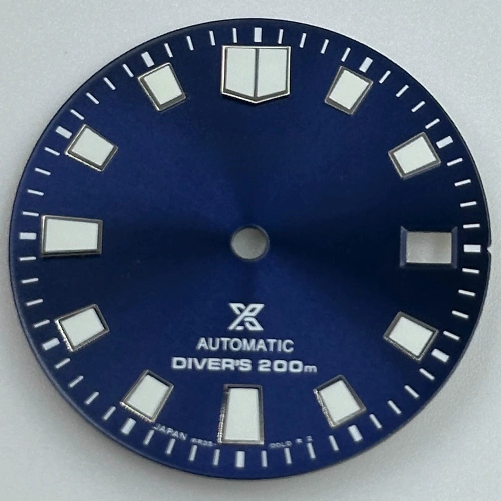 Blue 28.6mm diving watch dial with green luminous markers, compatible with NH35 NH36 movement.