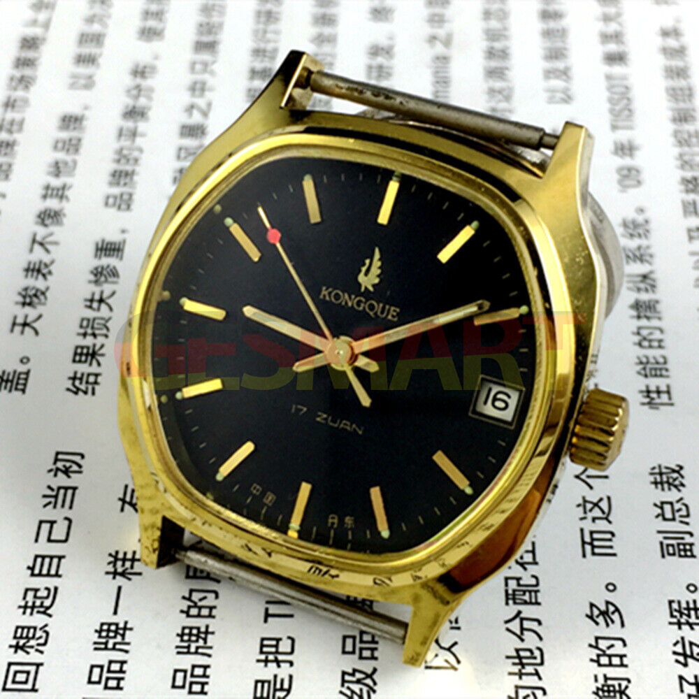34mm Kongque black manual watch with single calendar, 17 jewels, precise mechanical craftsmanship.