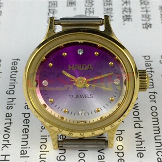 HAIDA 25mm manual mechanical lady watch with golden nail markers and gradient purple dial, 17 jewels movement.