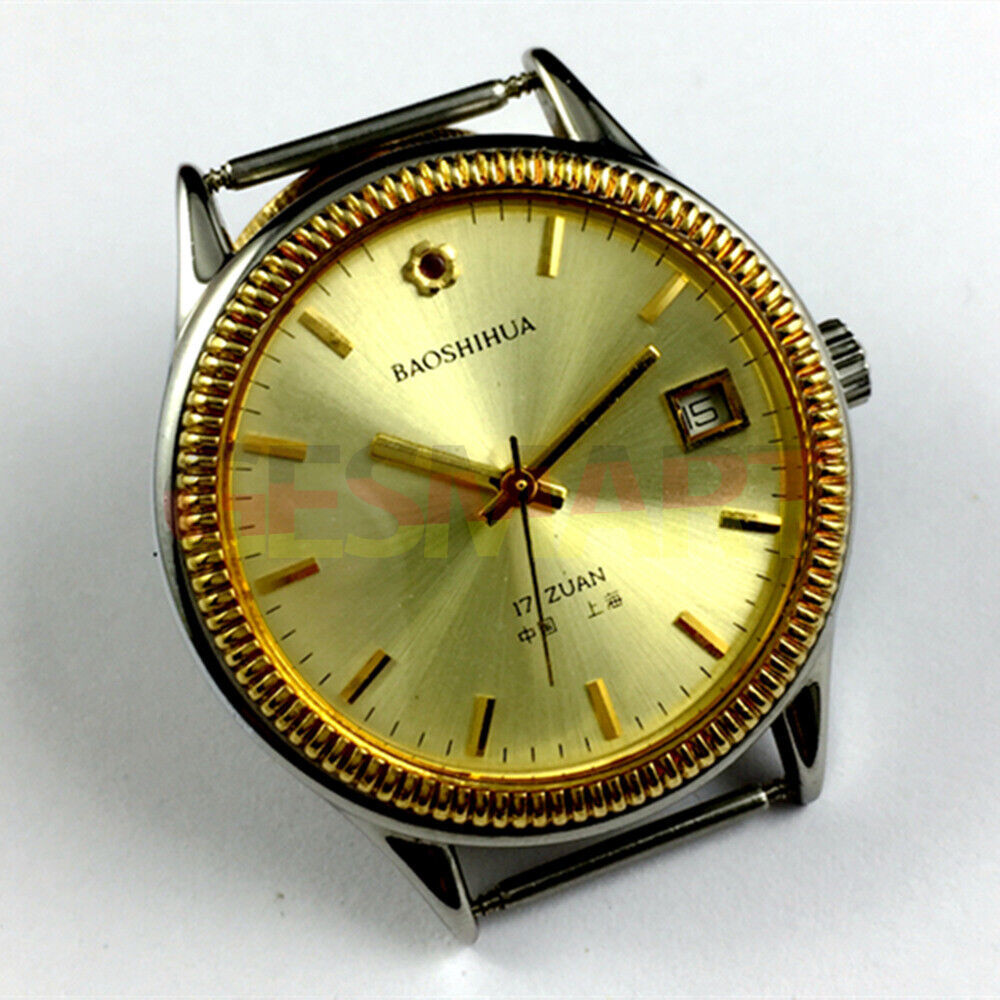 37mm Shanghai watch with golden nail markers, golden dial, round case, manual mechanical movement.