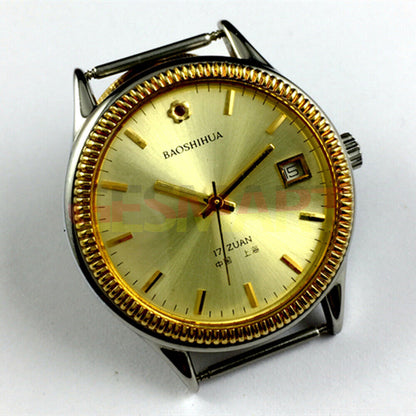 37mm Shanghai watch with golden nail markers, golden dial, round case, manual mechanical movement.