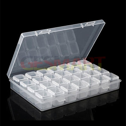 Clear 28-grid mini parts toolbox, 11x17cm, hinged lid for portable and organized watch accessory storage.