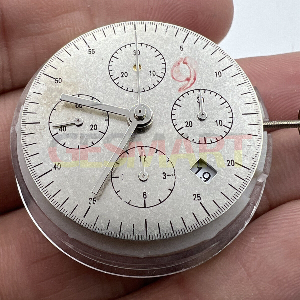 China Made 7750 white mechanical watch movement with single calendar, small seconds at 3, 6, and 9 positions