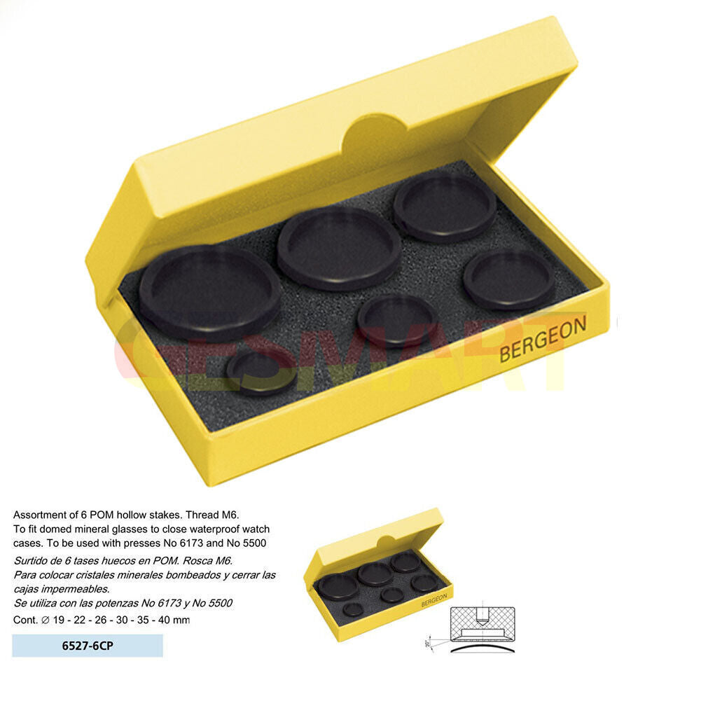 Bergeon 6527-6CP glass fitting dies set for domed mineral watch glasses, sizes �19-40mm, precision tool for watch repair.