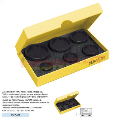 Bergeon 6527-6CP glass fitting dies set for domed mineral watch glasses, sizes �19-40mm, precision tool for watch repair.