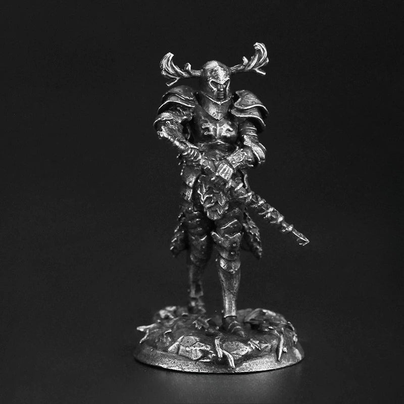 White Brass Figurine Stag Knight Miniature - Female Antler Helm Halberd Figure