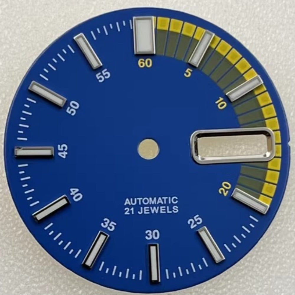 Blue 28.5mm modified watch dial with green lume, no logo, compatible with NH36 movement.