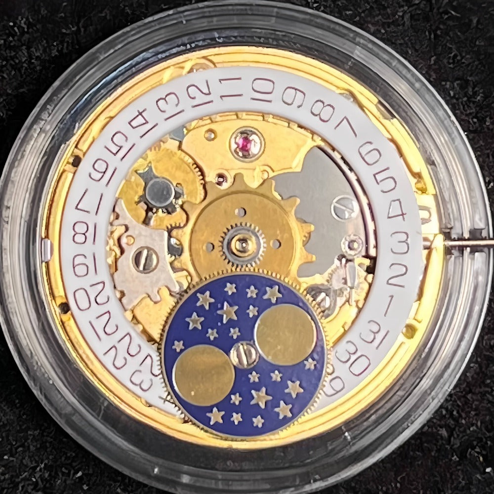 Swiss Made Golden SW280-1 watch accessory showcasing automatic mechanical moon phase movement detail.