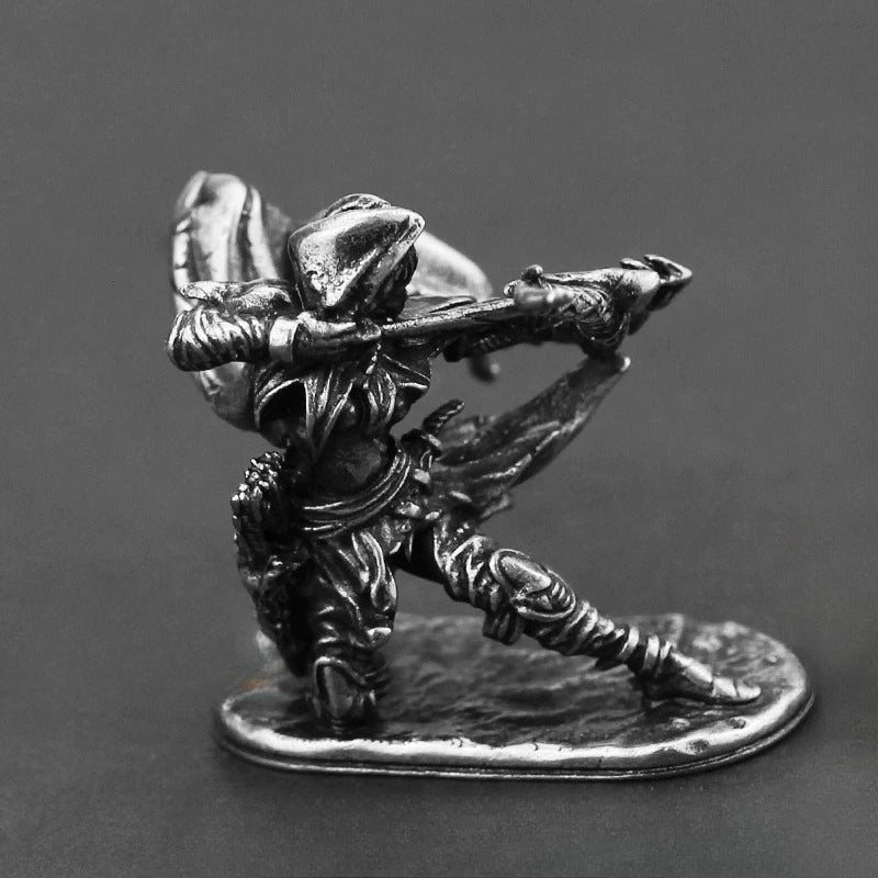 White Brass Figurine Female Archer Miniature - Kneeling Aiming Bow RPG Wargame Figure