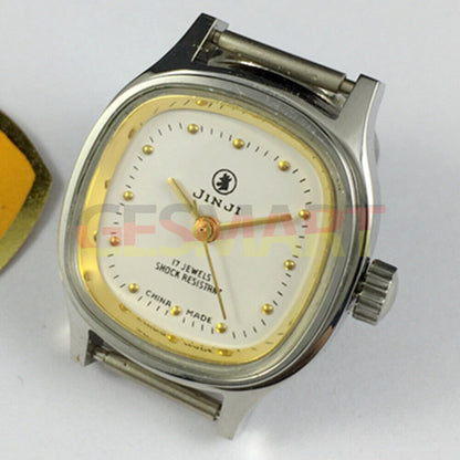 SHANGHAI JINJI 26mm Lady watch with golden square case and intricate 17-jewel manual movement.