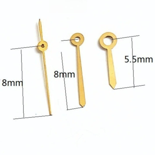Golden 8x8x5.5mm watch hands for Ronda 785 movement, precise accessory.